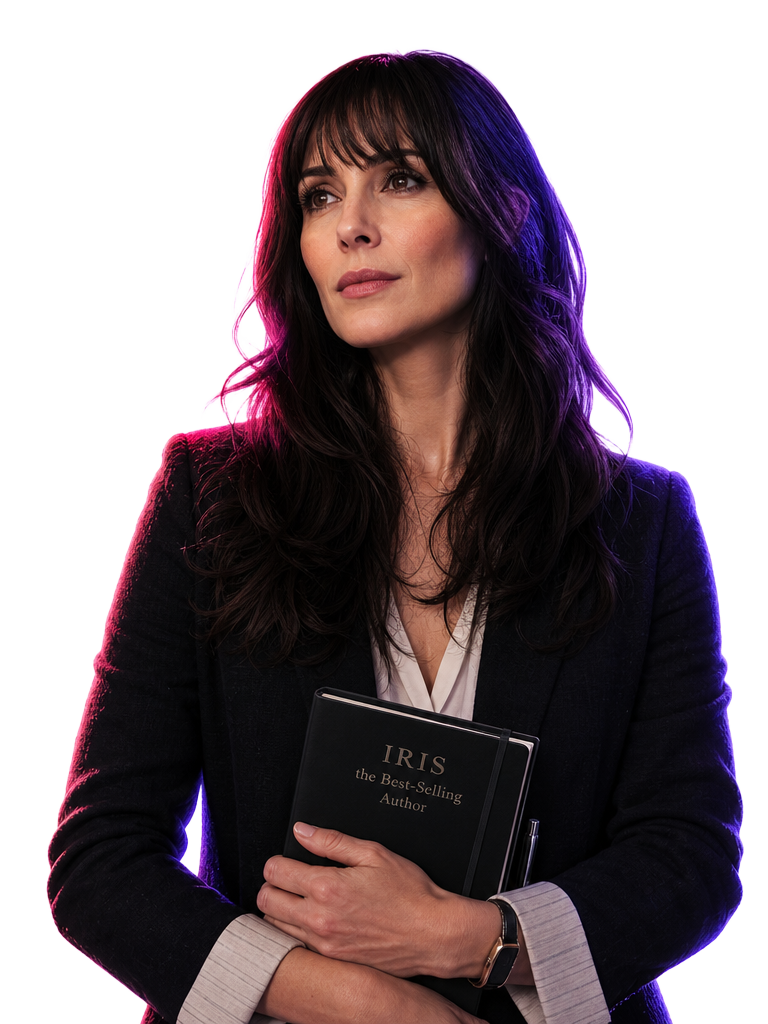 IRIS, the Best-Selling Author, holding a notebook