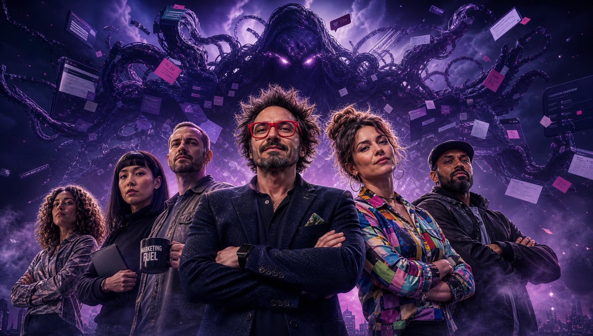 MARK and the marketing team standing against The Overwhelm, the villain of marketing chaos